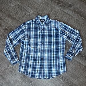 Lands' End Men's Navy and White Plaid Shirt